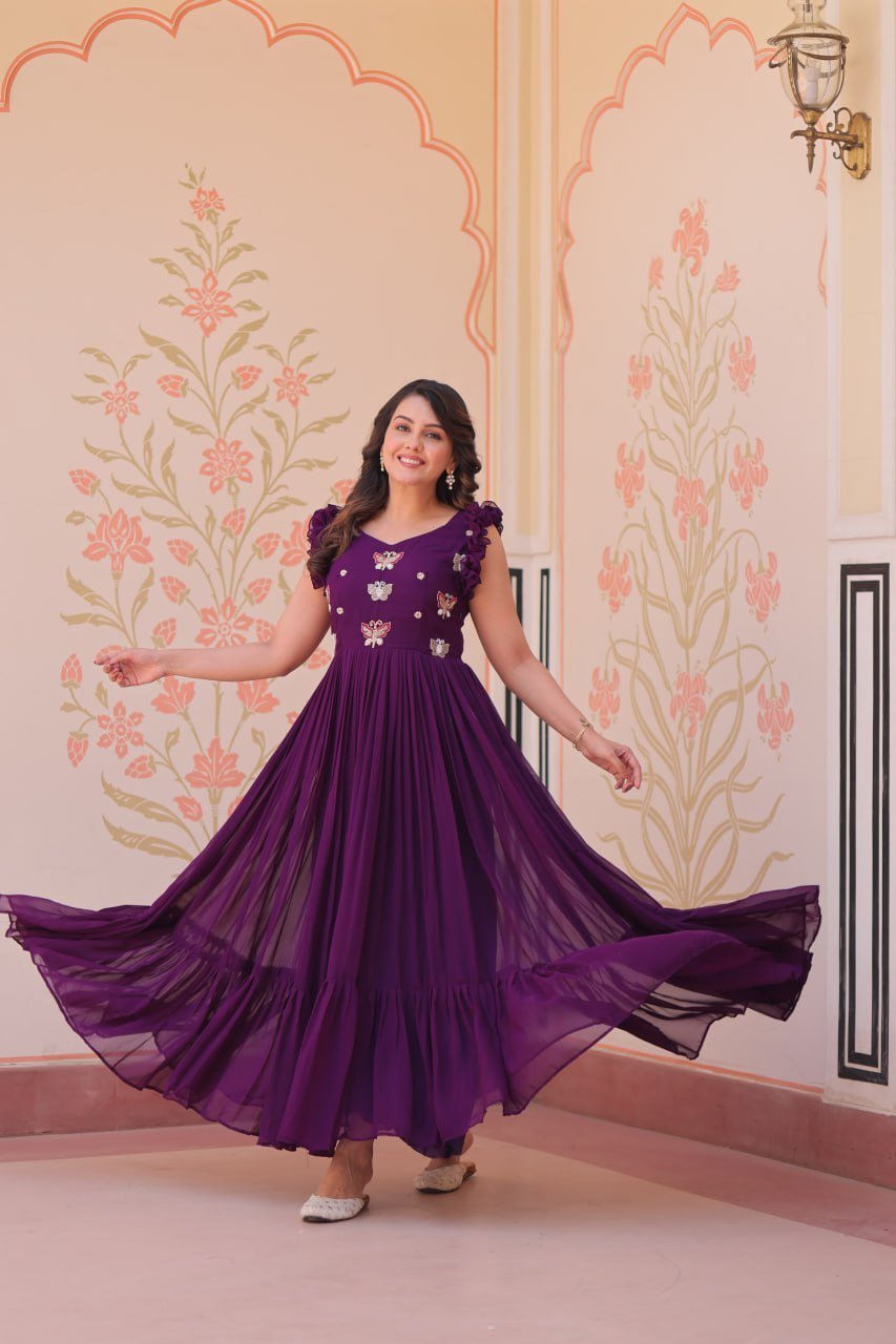 Women's Elegant Plum Purple Georgette Anarkali Gown with Butterfly Applique & Ruffle Sleeves – Festive & Special Occasion Wear